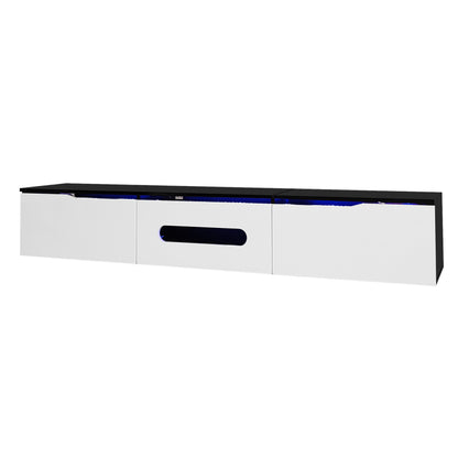 Schwarz-weißer TV-Schrank, 180 cm lang, Hochglanzoberfläche, mit 16-farbiger LED-Beleuchtung, wandmontierbar