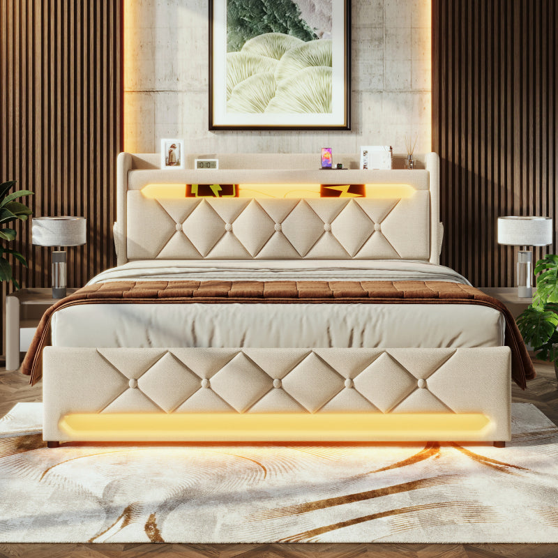 Polsterbett Doppelbett 140*200, Stauraum Kopfteil mit USB und Typ C-Port ,360-Surround-LED-Funktion rund um Kopf- und Fußende des, Betten mit Hydraulisch Stauraum, Beige, Leinen(Mit Matratze)