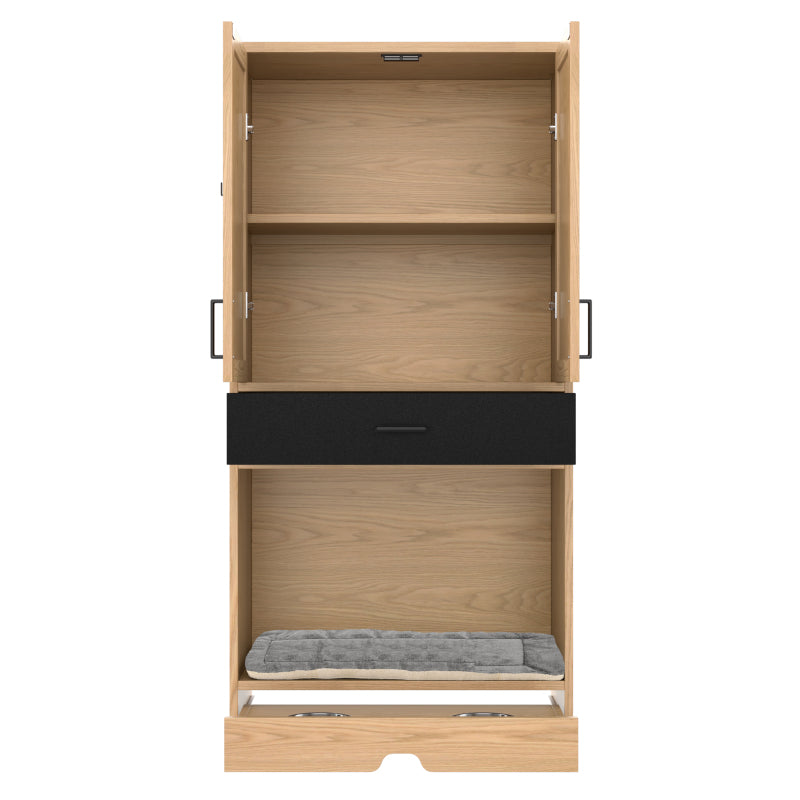 Multifunktionaler Tierschrank in Eichenoptik–Futterstation mit Napf,Hundebett,Stauraum-Tiermöbel, Küchenschrank für Flur, Küche oder Wohnzimmer