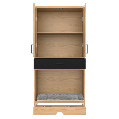 Multifunktionaler Tierschrank in Eichenoptik–Futterstation mit Napf,Hundebett,Stauraum-Tiermöbel, Küchenschrank für Flur, Küche oder Wohnzimmer