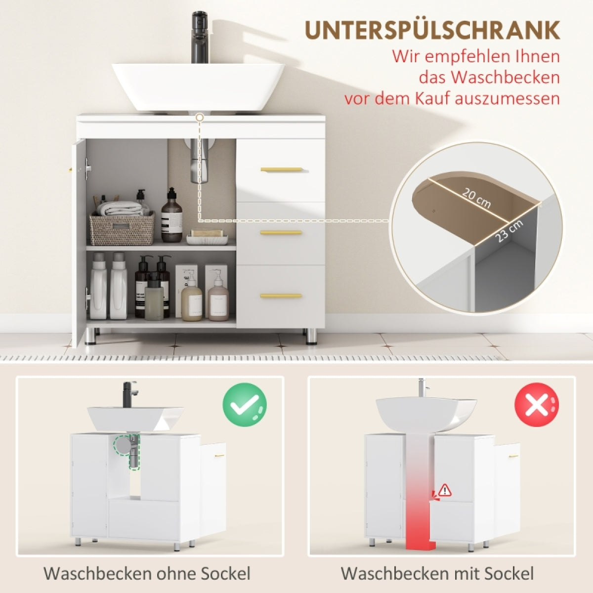 Waschbeckenunterschrank 70 cm Breit, Badunterschrank mit 3 Schubladen & Soft-Close-Türen, Siphonausschnitt (20x23 cm)