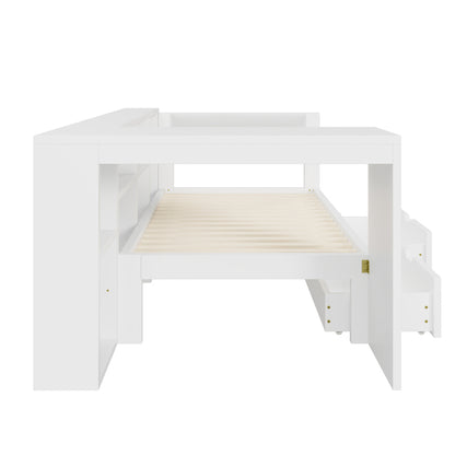 90x200 Holz-Plattformbett mit Ablageflächen, Schubladen, Ladestation und gepolstertem Kopfteil, Mit bunten LED-Leuchten, Weiß