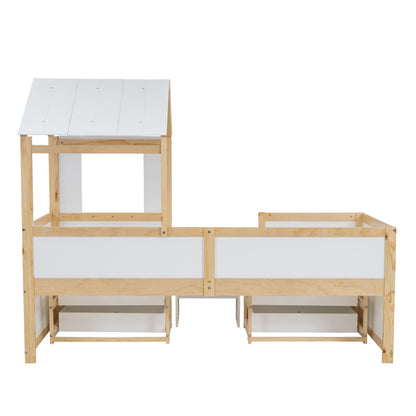 Kinderbett, halbhohes Bett, Hausbett mit Dach und Fenster, Vierseitiger Zaun, mit 4 Schubladen und kleine Treppe, Kiefer+MDF+Sperrholz, Weiß+Natur, 90x200cm