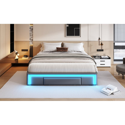 Bettgestell 160X200 mit Schubladen, PU-Leder Bett ohne Kopfteil Mit LED-Lichtleiste, MetalllattenPlattformbett für moderne Schlafzimmer Grau