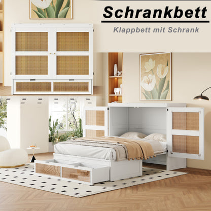 Schrankbett 140 x 200 cm, Wandbett mit Lattenrost, Wandklappbett, Rattan-Design, Holzbetten, Jugendbetten, Einzelbetten, Grau