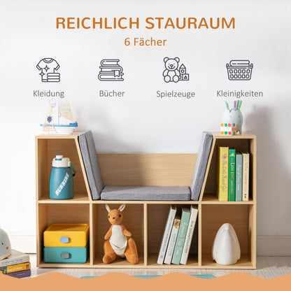 Kinderregal Bücherregal mit Sitzhocker Kindersitzbank mit 6 Fächern Sitztruhe mit 3 Kissen Spielzeugkiste ab 3 Jahren Grau+Natur