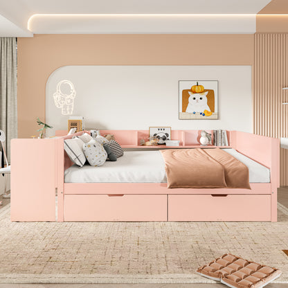 Flachbett, Holzbett, 140x200cm, mit Schreibtisch, ausgestattet mit 2 Schubladen, Doppelbett(Ohne Matratze), mit Regalen, Kiefer + Spanplatte, Rosa