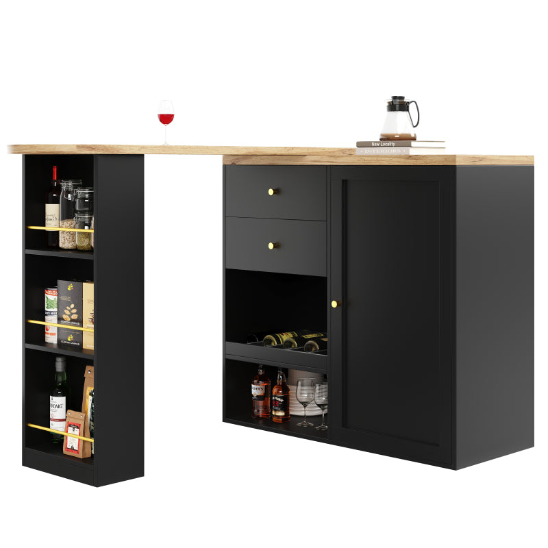 Um 360° drehbarer Bartisch (Hauptkörper 105 x 39 x 102 cm), mit 2 Schubladen und Schiebetürschrank, 3 Ebenen offener Stauraum, geeignet für Esszimmer/Arbeitszimmer/Wohnzimmer usw