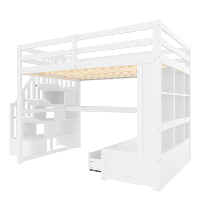 140x200 Hochbett mit Schreibtisch und Regalen, zwei integrierten Schubladen, Stauraumtreppe, weiß