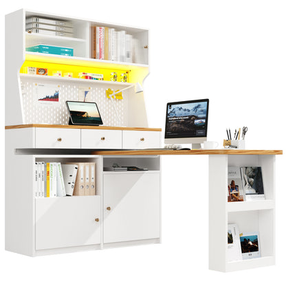 Küchenschrank 137x45x178cm hohes Küchenbuffet mit LED-App-Steuerung, Ausziehbarer Tischplatte & Stecktafel, Mehrzweckschrank MDF Weiß/Holz
