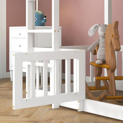 Etagenbett mit rechtwinkliger Treppe, Bett mit Zäune und Türchen, Kinderbett mit Fallschutz und Gitter, Massivholz, weiß (200x90cm)