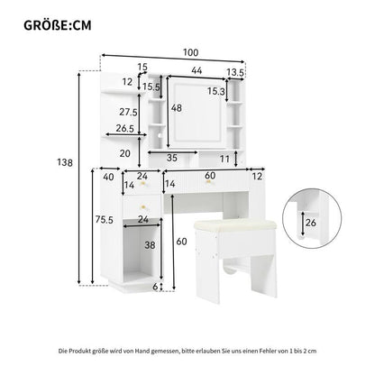 Beleuchteter Schminktisch mit Spiegel & Hocker – Moderner Frisiertisch mit Einstellbarer Helligkeit, Schubladen & Offener Ablage, Weiß, 100×40×138 cm