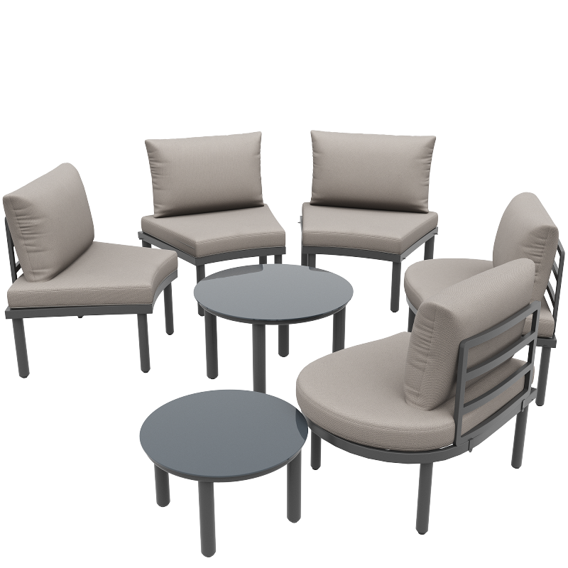 Gartenmöbel-Set (5-Sitzer), 2 Couchtische aus gehärtetem Glas, verzinkter Eisenrahmen, bequeme Gartenmöbel mit grauen Sitzpolstern und Kissen, mit verstellbaren Beinen, elegantes abgerundetes Sofa