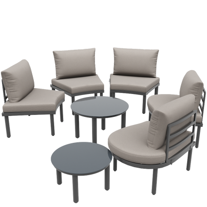 Gartenmöbel-Set (5-Sitzer), 2 Couchtische aus gehärtetem Glas, verzinkter Eisenrahmen, bequeme Gartenmöbel mit grauen Sitzpolstern und Kissen, mit verstellbaren Beinen, elegantes abgerundetes Sofa