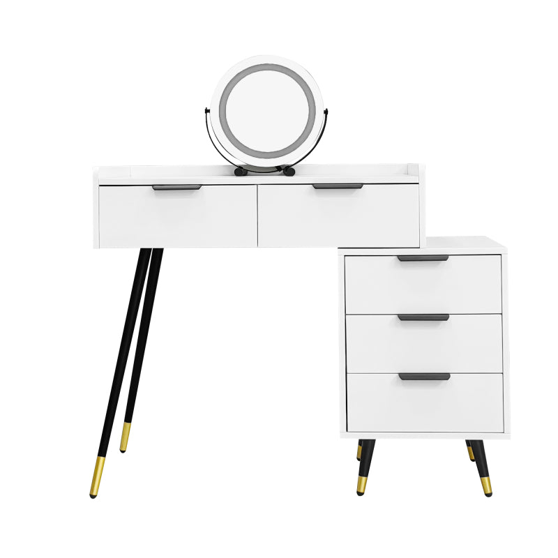 Weißer Schminktisch(Ohne Stühle), Enthält ausziehbare Seitenschränke, mit Spiegel einstellbare Helligkeit, mit 5 Schubladen, Großer Frisierkommode Schlafzimmermöbel Vanity, Weiß