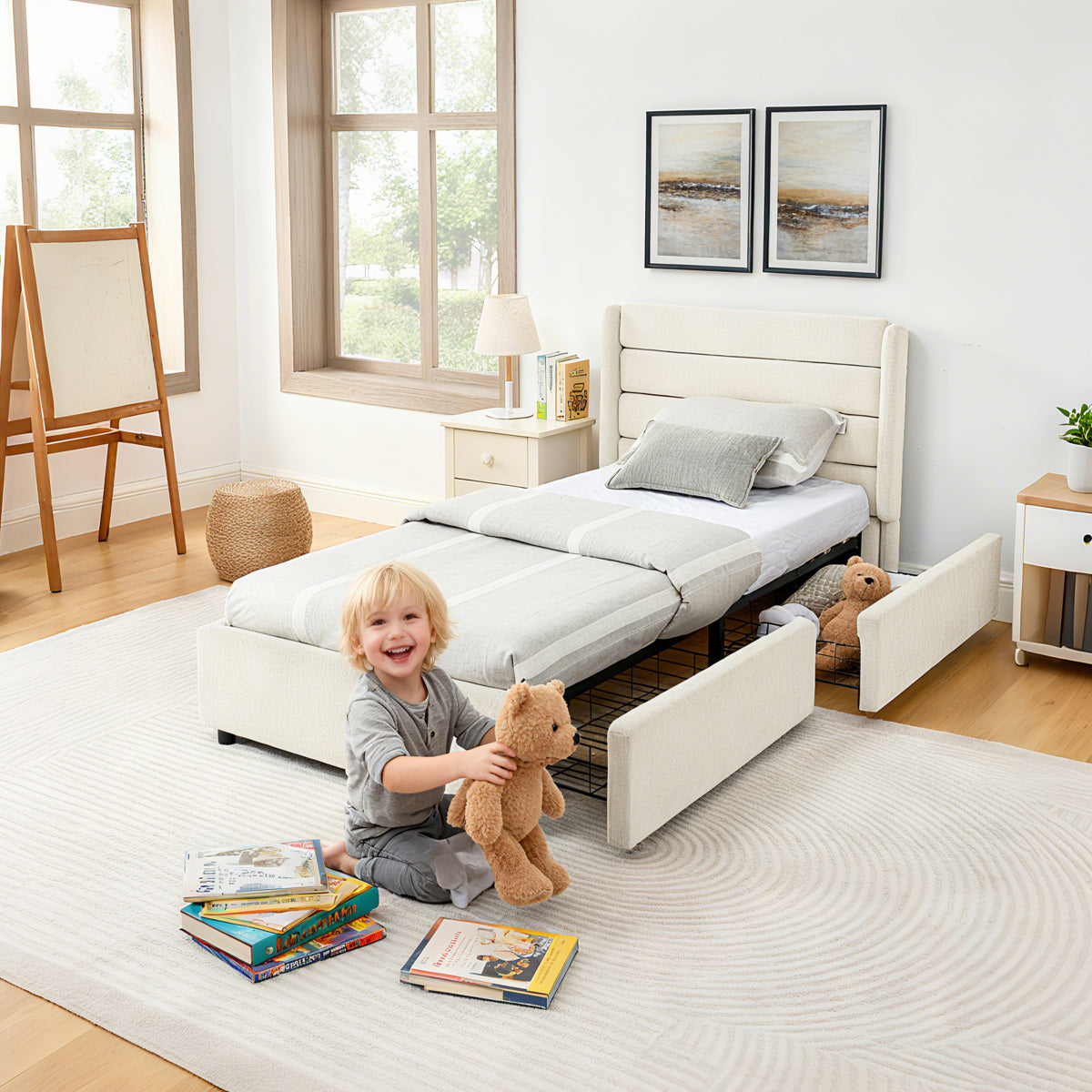 Einzelbett 90×200 cm mit Chenille-Oberfläche & 2 Schubladen, stabiles Bettgestell aus Holz/Metall, ideal für Kinder-, Jugend- & Gästezimmer, Beige (ohne Matratze)