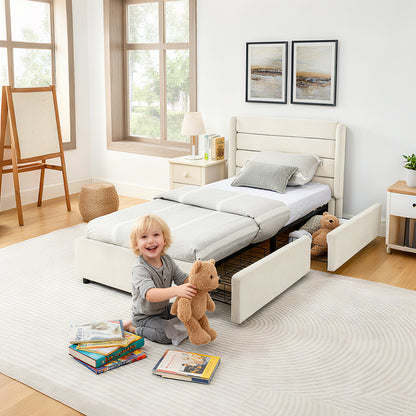 Einzelbett 90×200 cm mit Chenille-Oberfläche & 2 Schubladen, stabiles Bettgestell aus Holz/Metall, ideal für Kinder-, Jugend- & Gästezimmer, Beige (ohne Matratze)