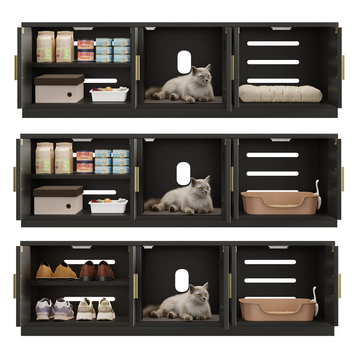 Versteckter Katzenschrank 140x40x45,5cm - 4-in-1 Katzenmöbel & Schuhbank, Katzentoilettenschrank mit Belüftung & Kratzmatte, Schwarz