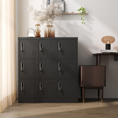 9-Türige Metall-Schränke für Büro, Fitnessstudio, Schule & Zuhause - Sicherer Aufbewahrungsschrank mit Kartenfach (Schwarz), H 100 cm × B 90 cm × T 40 cm
