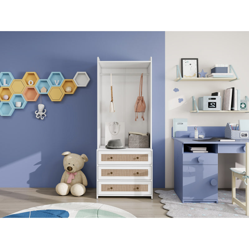 Weißer Kleiderschrank mit drei Schubladen – Garderobe mit Stauraumregal im Boho-Stil – Höhe 180 cm – ideal für Flur, Wohnzimmer, Schlafzimmer, Arbeitszimmer oder Büro.Maße:70*48*180cm