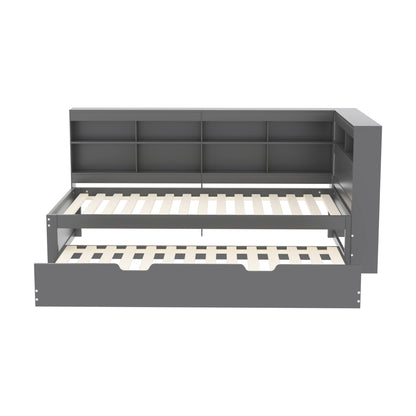 Multifunktions-Schlafsofa 90x200 & 90x190 Ausziehbar - Massivholz Grau mit USB-Anschluss, Stauraum & Ablagefächern - Praktisches Einzelbett, Grau