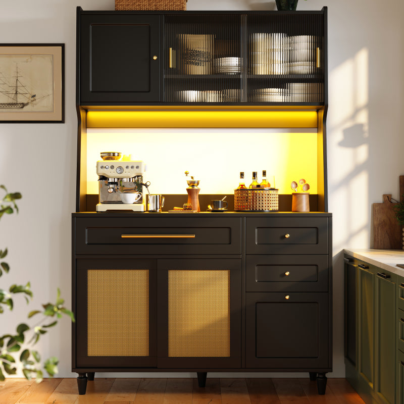 Küchenschrank, Esszimmerschrank mit 3 Schubladen,Sideboard mit LED-Beleuchtung, PE-rattan, schwarz