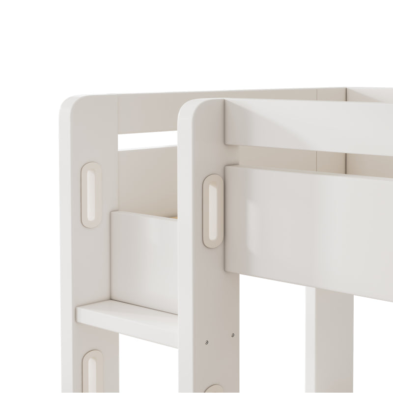 Kinderbett Hochbett mit L-förmigem Schreibtisch, Regalen und Schubladen mit USB/Type-C Ladebereich, Jugend-Einzelbett mit Leiter und Holzlattenrost, 90×200cm, Weiß, ohne Matratze.