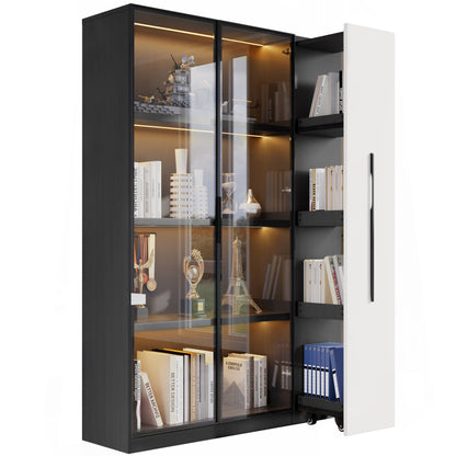 Multifunktionsschrank 110,5x35x160 cm, Schwarz-Weiß: Moderne Vitrine mit Glastür, LED, Seitenauszug, Rollschrank, ideal für Bücher, Bad, Esszimmer.