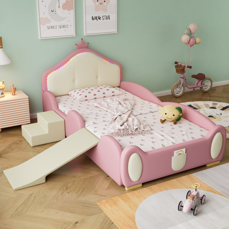 Polsterbett, Crown Cartoon Bett, Mit Multi-Mode-LED-Streifen, Kinderbett mit kleiner Rutsche und Treppe, mit schützenden weichen Kanten, mit Holzlatten, PU, Rosa + Beige, 90x200cm