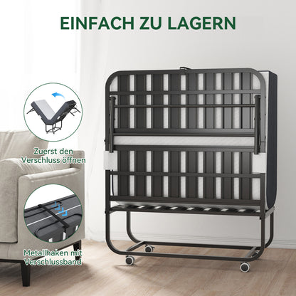 190 × 96 cm Klapp-Twin-Bett mit 9,5 cm Memory-Foam-Matratze, tragbares Gästebett/Rollbett, stabiler Metallrahmen