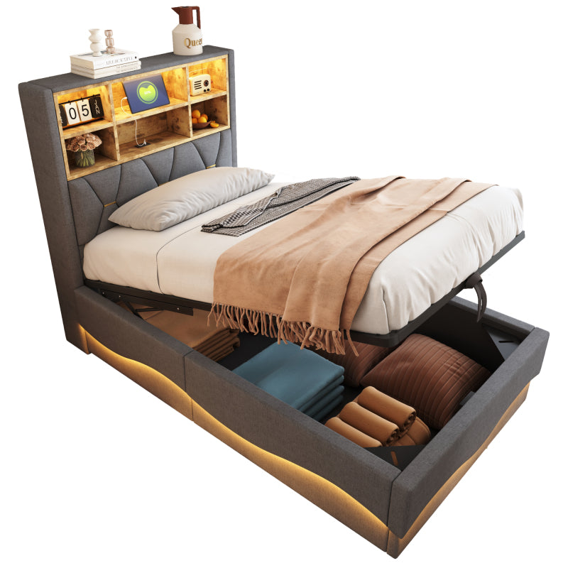 Kinderbett 90x200cm mit hydraulischem Stauraum APP-gesteuertes LED-Lichtband USB-Ladeanschluss Metall-Lattenrost Leinenpolsterung Grau