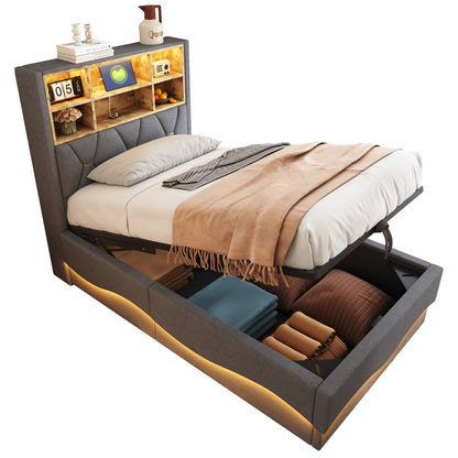 Kinderbett 90x200cm mit hydraulischem Stauraum APP-gesteuertes LED-Lichtband USB-Ladeanschluss Metall-Lattenrost Leinenpolsterung Grau