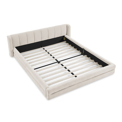 Doppelbett 140×200cm, Chenillestoff, komfortable Rückenlehne, robustes Eukalyptus- und Eisengestell, einfach zu montieren, Beige (ohne Matratze)