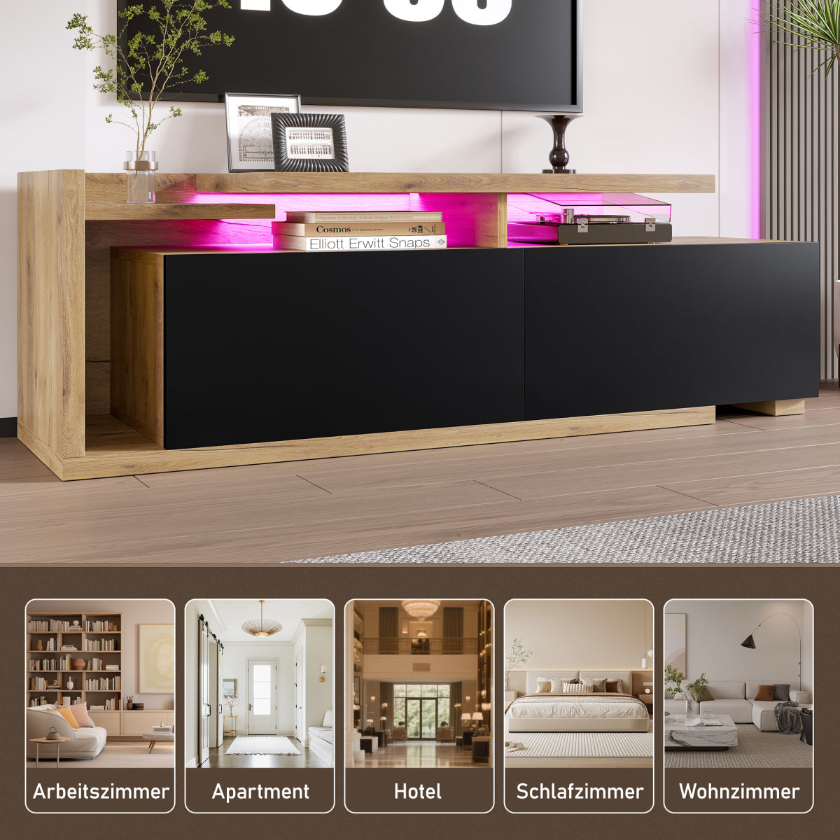 TV-Schrank ausziehbar,  Lowboard Modern mit LED-Beleuchtung