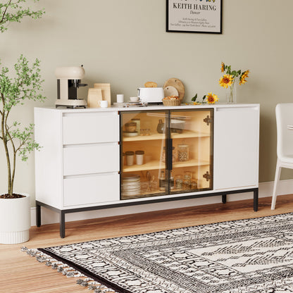 Sideboard Weiß 160 cm, Buffetschrank mit 3 Schubladen & 2 Türen, Anrichte Küche, Kommode 80 cm Hoch