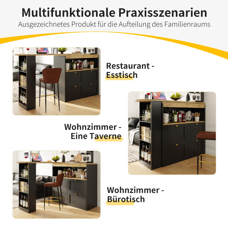 Um 360° drehbarer Bartisch (Hauptkörper 105 x 39 x 102 cm), mit 4 Schubladen und offenen Ablagen, geeignet für Esszimmer/Arbeitszimmer/Wohnzimmer usw