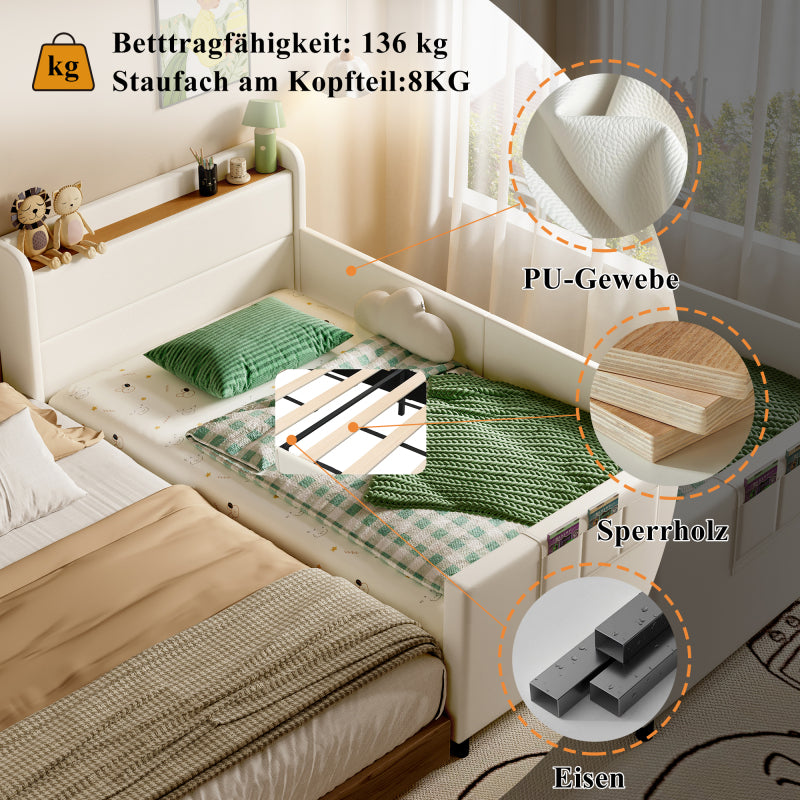 Kinder-Spleißbett, Polsterbett, Tagesbett, Schlafsofa mit Metallbettgestell, Kindernachttisch mit unterer Klapptür, 3 kleine Aufbewahrungstaschen, PU+MDF+Sperrholz, Weiß, 90x200cm