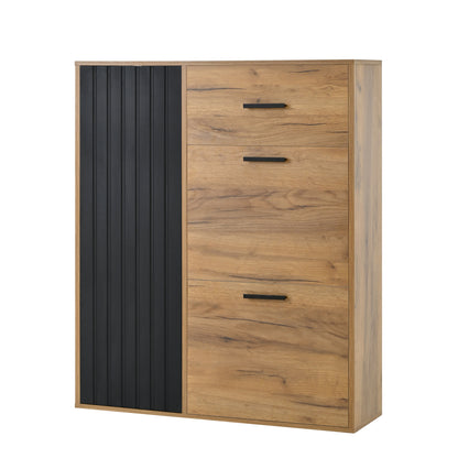Schuhschrank Schwarz/Natur 80x24x95,5 cm mit 2 Klappen, 1 Tür & Schublade, verstellbare Regale, moderne Griffe
