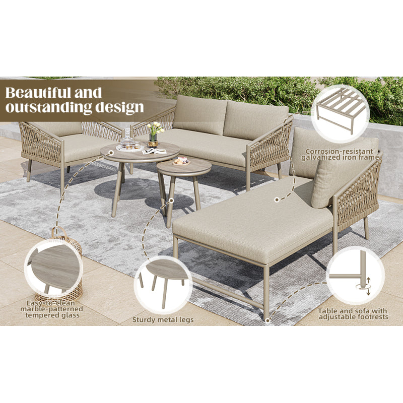 Garten Lounge Set, Seil Gartenmöbel Set, Modernes Outdoor Sofa Set Handgewebtes Seil, Inklusive Aller Sitz- Und Rückenkissen, Balkonset, Garten Und Terrasse, Khaki