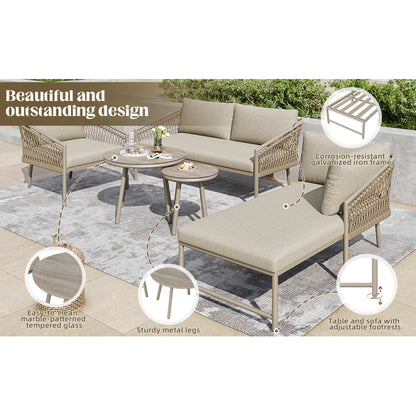 Garten Lounge Set, Seil Gartenmöbel Set, Modernes Outdoor Sofa Set Handgewebtes Seil, Inklusive Aller Sitz- Und Rückenkissen, Balkonset, Garten Und Terrasse, Khaki