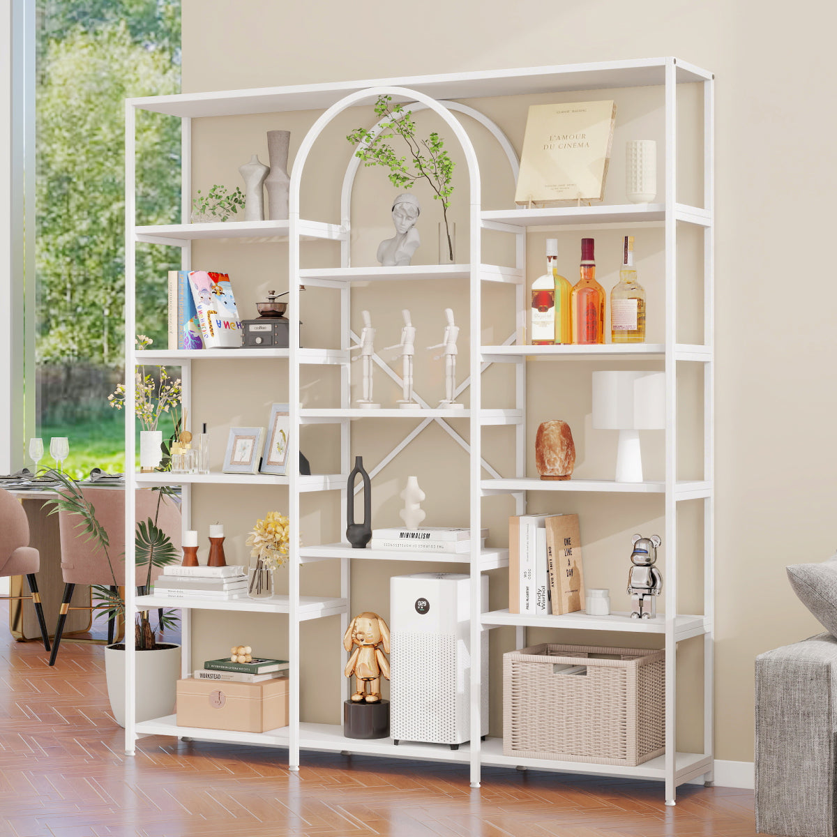 Regal 160x30x180 cm aus Stahl & MDF, modernes Bücherregal mit Bogen-Design, offene Fächer, hoher Stauraum, Weiß