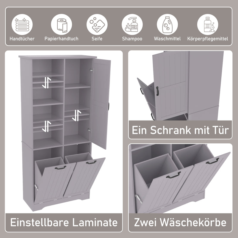 78 x 35 x 172 cm Badezimmerschrank, feuchtigkeitsbeständige Farbe, doppelter Wäschekorb, vier offene Fächer, eine Tür, drei Fächer in der Tür, verstellbare Regale, viel Stauraum, Grau