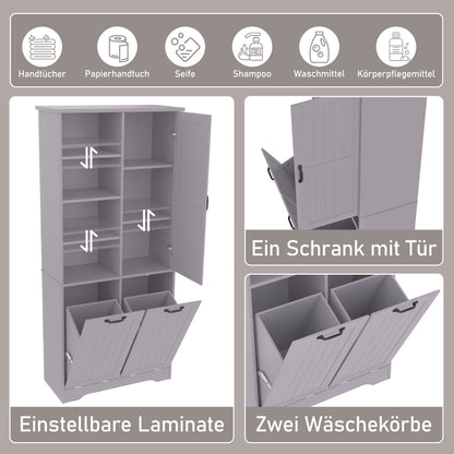 78 x 35 x 172 cm Badezimmerschrank, feuchtigkeitsbeständige Farbe, doppelter Wäschekorb, vier offene Fächer, eine Tür, drei Fächer in der Tür, verstellbare Regale, viel Stauraum, Grau