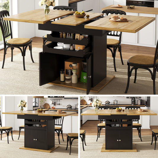 Ausziehbarer Esstisch 110-140x80cm Küchentisch mit 2 Schubladen & Schrank, Teleskoptisch für 4-6 Personen, Soft-Close Stauraum Schwarz