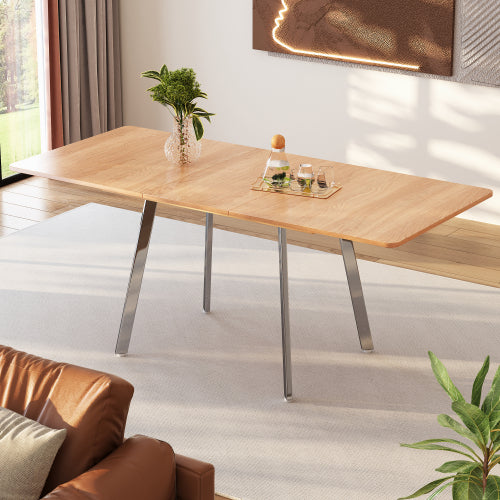 Moderner minimalistischer ausziehbare Esstisch in eleganter Naturfarbe und silber verschromt Beine– 140 cm x 80 cm ausziehar bis 180cm, hochfeste Legierungsstütze, geeignet für 4-6 Personen