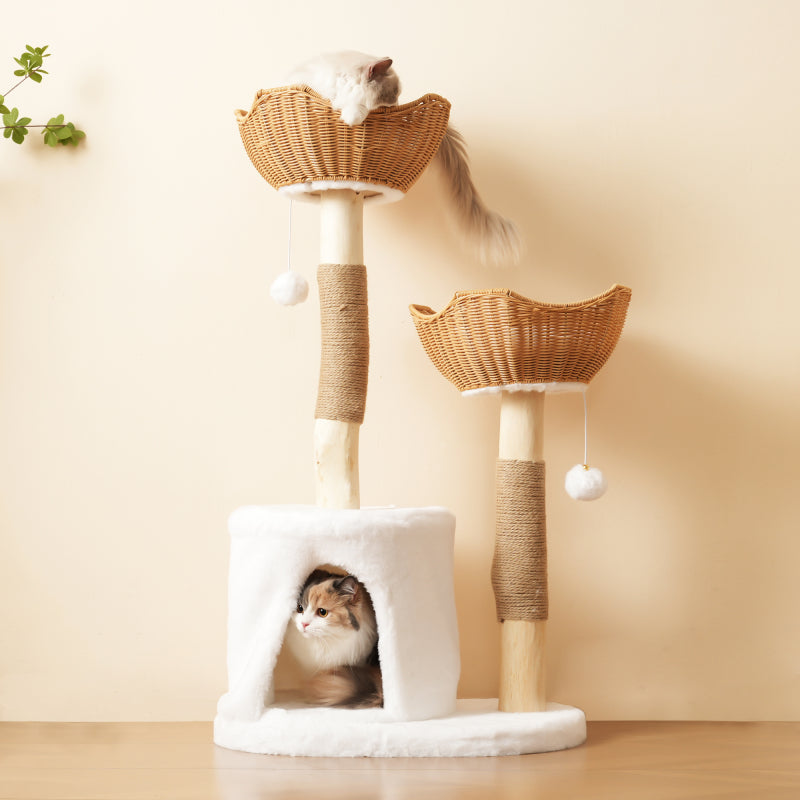 Katzenbaum aus Massivholz mit 2 Körben & Höhle, Naturholz & Sisal, mit Plüschball & dickem Kissen – Nachhaltig 108cm