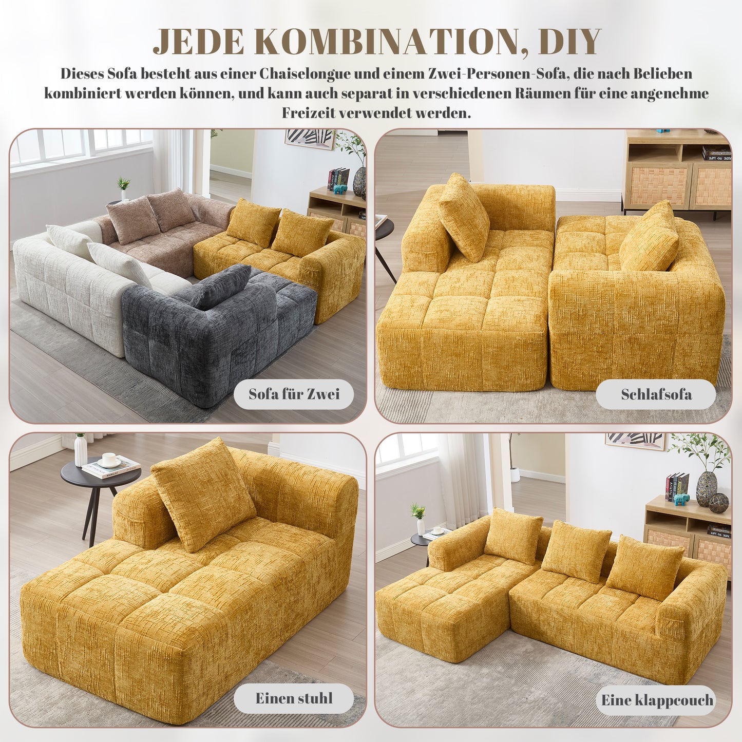 Modernes Sektionssofa, L-Sofa, 3-Sitzer-Sofa, keine Installation erforderlich, Chenille-Sofa mit Chaiselongue und Armlehnen, 3 Kissen, Seitentasche für Fernbedienung, Gelb
