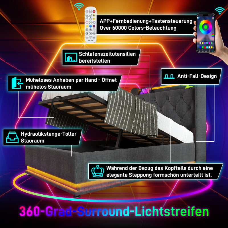 Polsterbett einzelbett,360-Surround-LED-Funktion, Drucktaste/App/Fernbedienung,90*200 cm, Grau Leinen-Material Hydraulisches Lagerbett, gepolstertes Kopfteil mit USB Typ-C Ladefunktion (Ohne Matratze)