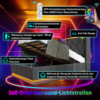 Polsterbett einzelbett,360-Surround-LED-Funktion, Drucktaste/App/Fernbedienung,90*200 cm, Grau Leinen-Material Hydraulisches Lagerbett, gepolstertes Kopfteil mit USB Typ-C Ladefunktion (Ohne Matratze)