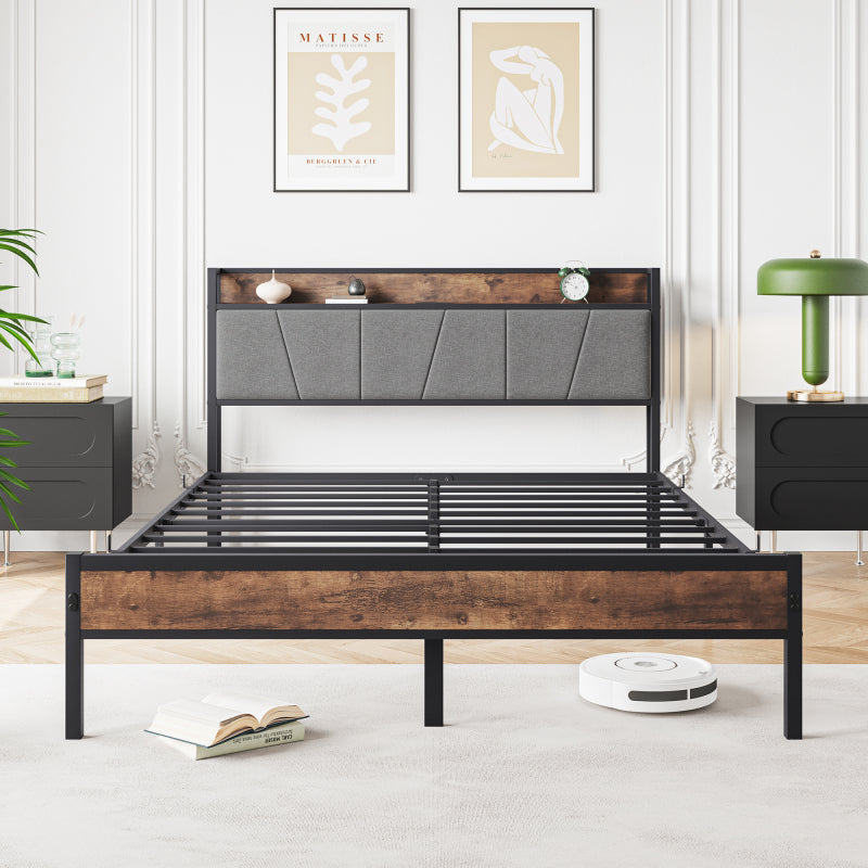 140x200cm Größe Bettrahmen mit intelligenten LED-Lichtern, Speicherkopf mit USB-Ladestation, Heavy Duty Metalllamellen Unterstützungsplattform, Lärmfrei, Einfache Montage, Keine Boxfeder erforderlich